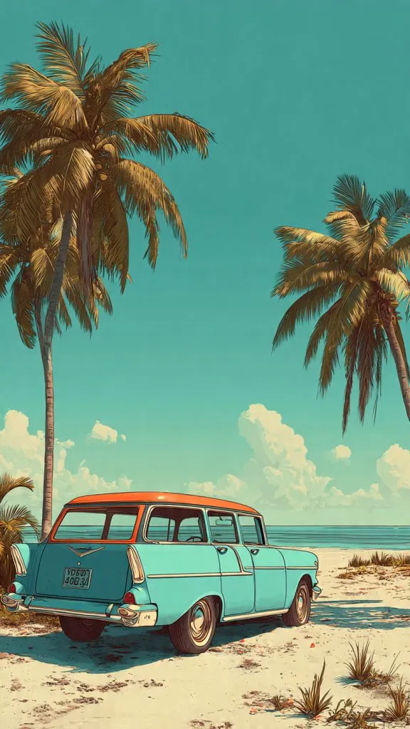 retro beach car wallpaper
